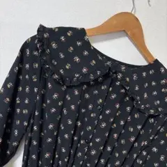 ロングワンピース レトロ 花柄 ブラック 7分丈