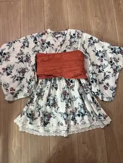 花柄 浴衣ドレス ホワイト/オレンジ