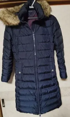 ファー付きネイビー ミディ丈ダウンジャケット