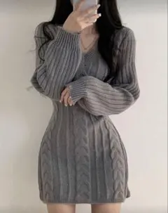 グレー ニット ミニワンピース s