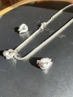 パール調 ネックレス＆イヤリング セット シルバーカラー ラインストーン装飾