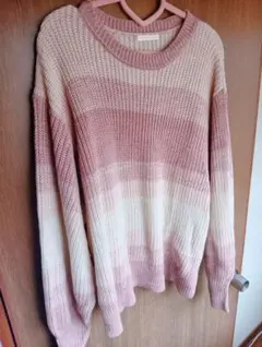 オーバーサイズニット ピンクとホワイト ボーダー レディース 服 大きいサイズ