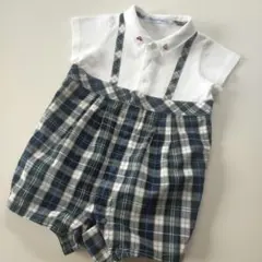 美品★2025SS★70cm familiar 白衿×チェック 半袖ロンパース
