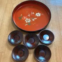 未使用】会津塗 菓子鉢 銘々皿 5枚セット 金漆 漆器 菓子器 お盆 伝統