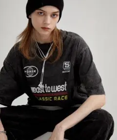 EMMA CLOTHESヴィンテージ加工 レーシングプリント半袖TシャツL