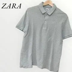 ZARA ザラ ポロシャツ メンズ ボーダー柄 グリーン 半袖 Mサイズ 爽やか
