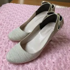 【バニティービューティー/Vanitybeauty】ツイードと皮のリボンパンプス