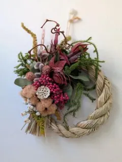 【お正月飾り＊ナチュラル】コットンフラワーのしめ縄／くすみピンク・ドライ素材