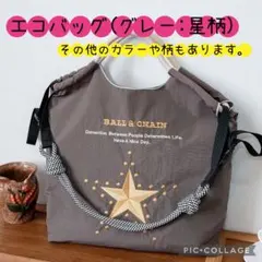 グレー【L】 刺繍バッグ エコバッグ 韓国 ボールアンドチェーン　星