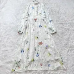 新品＊アンデミュウ　花柄　袖シアー　ウエストマーク　Aライン　ワンピース　F