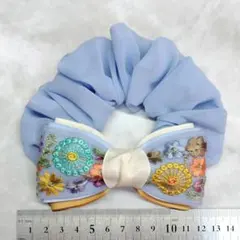 ハンドメイドシュシュM-4307♡サックスジョーゼット♡インド刺繍リボン