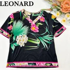 美品レオナール 半袖カットソー Tシャツ 袖スリット バックリボン 花柄