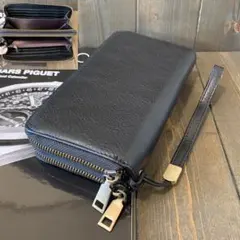 E1■高級 ムラ染め イタリアンレザー 本革 ダブルラウンドファスナー 財布■黒