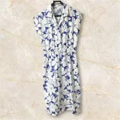 一点物‼️花柄 ノースリーブシャツワンピース 青白 可愛いブルーホワイト