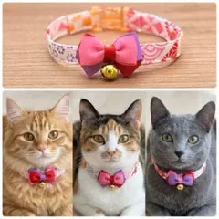 猫 首輪 鈴付き 和柄 ピンク リボン セーフティバックル ハンドメイド