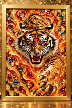 黄金の炎をまとう猛虎 が財運と成功を呼び覚ます　額縁付き　開運グラフィックアート