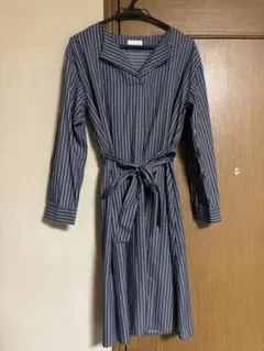ストライプ 長袖シャツワンピース ウエストリボン付き