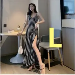 【新品】Vネック　キャミワンピース　ロング　Lサイズ　背中出し　マキシ丈　a