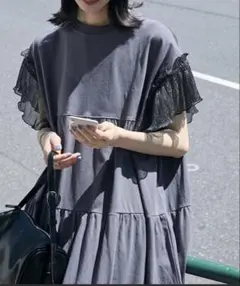forksy. ラメフリルスリーブ配色バックプリントワンピ