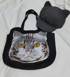 猫の顔刺繍トートバッグ・ ネコミミ帽子