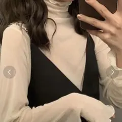 シアーハイネックトップス フリル 白 インナー 長袖