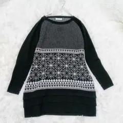 UNSPECK 40 ワンピース ニット 総柄 ノルディック 黒 裾段々デザイン