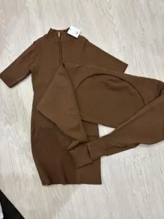ブラウンリブニットワンピース M