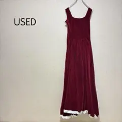 b0111【USED】ベロア ドレス ロングワンピース ノースリーブ ボルドー