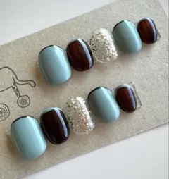 ブルーグリーン　ブラウン　細フレンチ　チョコミント　ネイルチップ　現品