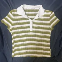 オリーブグリーンとホワイトのストライプ半袖Tシャツ