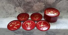 漆器　朱塗り　金箔模様　お茶請け 銘々皿　5枚セット　ケース入