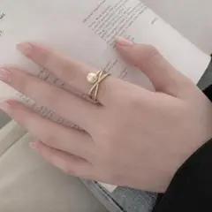 パール ゴールド リング 重ね付け風 メッキ サイズ調整可