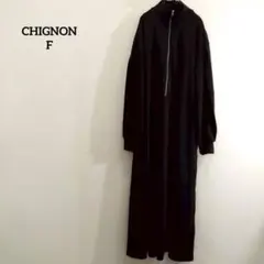 シニヨン　ロングワンピース　スウェット　ハーフジップ　ドロップショルダー　黒F