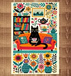 アートポスター　紅茶を飲む猫 3045 　キャンバスアート　インテリアウォール