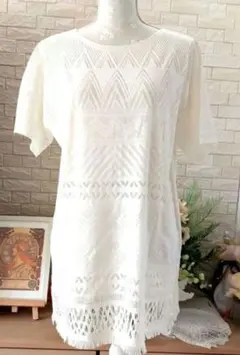 ❣️ヒロコビス新品美品❣️ ホワイト 透かし編み チュニック 半袖のサムネイル