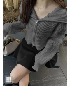 ダブルジップショート丈リブニットトップス