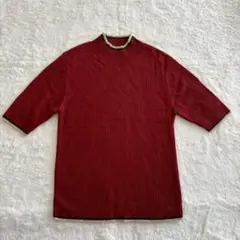 ◎モンマメス　リブニット　モックネック　半袖 きれいめ　シンプル　レッド　Ｍ
