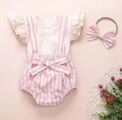 フリルトップス　サスペンダー付きパンツ　ヘアバンド　セットアップ　80cm