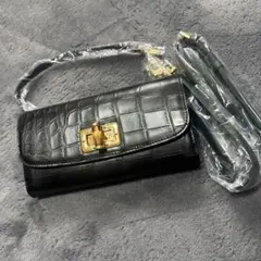 新品アルムコクロコダイルウオレットポシェット ブラック ✕グリーン