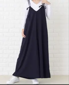 肩ひもリボン付き サロペットワイドパンツ オールインワン・パンツ