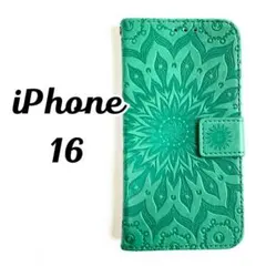 iPhone 16手帳型ケース　グリーン 大きな花柄 カード入れ 緑