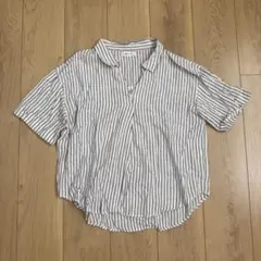 マックハウス NAVY 麻混 ストライプ スキッパーシャツ M 半袖のサムネイル