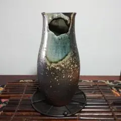信楽焼 陶器製 一輪挿し 青緑と茶色