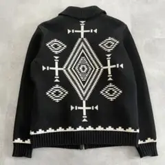 RATS ショールカラージャガードニット 厚手 NAVAJO 民族柄 黒【L】