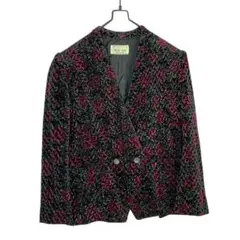 ヴィンテージ 凹凸花柄 ノーカラーダブルジャケット L位 黒 ベルベット