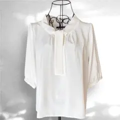ホワイト ボウタイブラウス レディース 5分袖