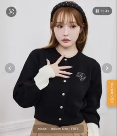 刺しゅう入り袖配色カーディガン ブラック