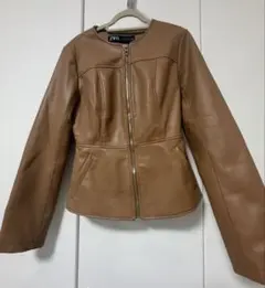 【美品】ZARA ブラウン レザーペプラムジャケット