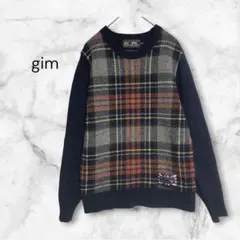 gim ジム　ブリティッシュウール ニット セーター チェック柄 切替 Sのサムネイル