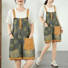 カジュアル サロペット オーバーオール レトロ プリント 配色 ポケット付き